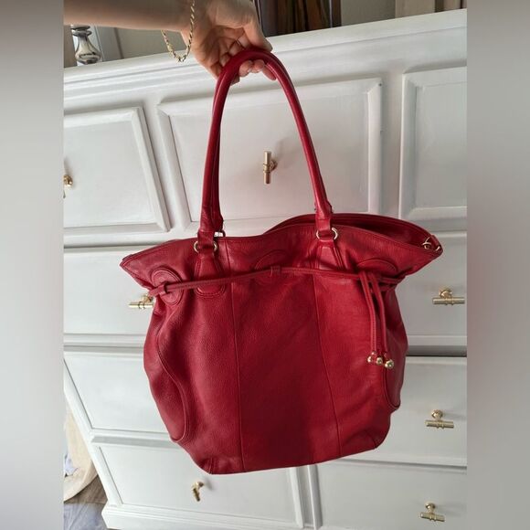 Isaac Mizrahi Large RED 100% genuine Leather Bag Tote Purse gold hardware - Picture 13 of 16
